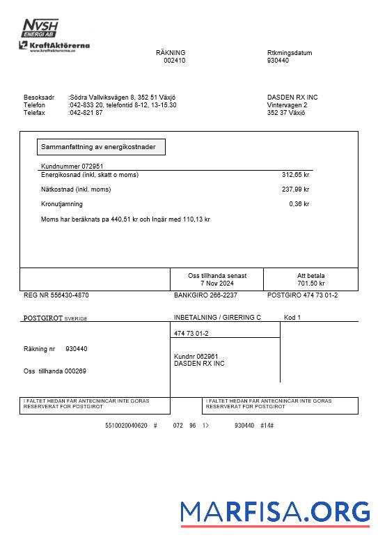 Высокое Качество Швеция NVSH Energi Бизнес Счёт за коммунальные услуги Счёт Шаблон in Word and PDF Форматы