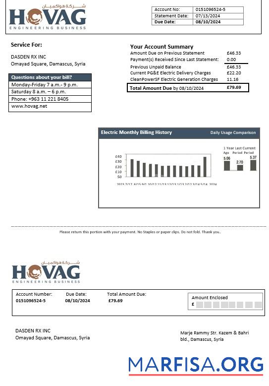 Высокое Качество Сирия HOVAG Компания Электричество Бизнес Счёт за коммунальные услуги Счёт Шаблон in Word and PDF Форматы