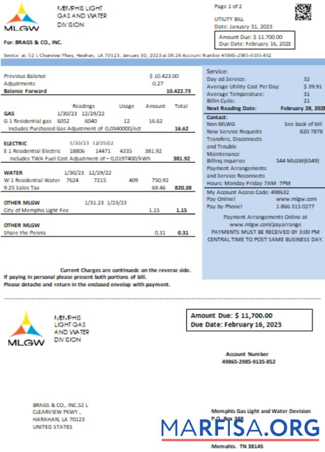 Tennesse MLGW Счёт за коммунальные услуги Бизнес Счёт, SCR макет