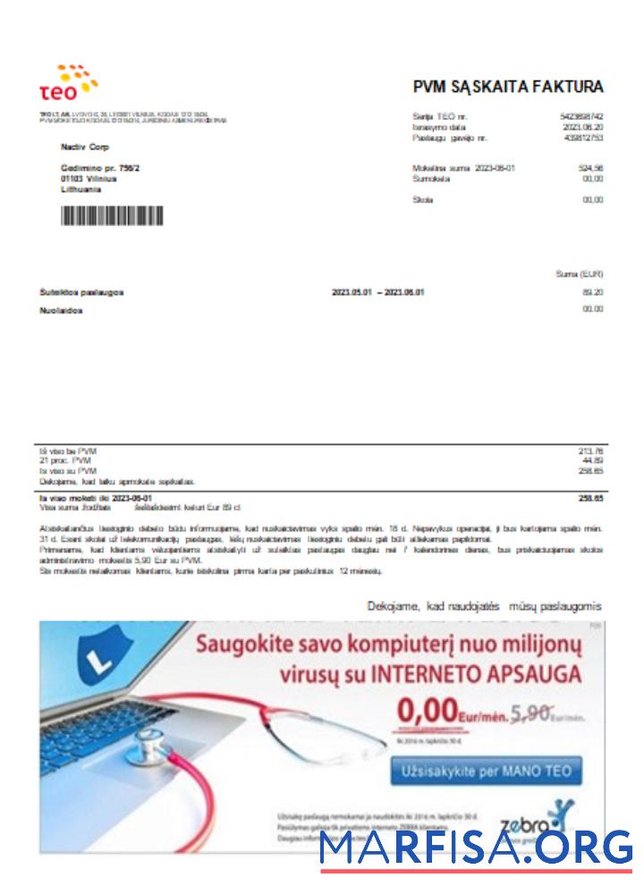Teo LT Счёт за коммунальные услуги Бизнес Счёт, SCR шаблон