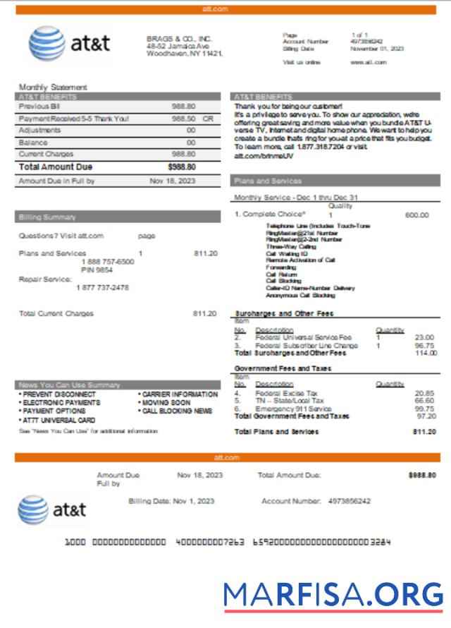 Texas AT&T telecommunications Бизнес Счёт за коммунальные услуги, Счёт, SCR образец