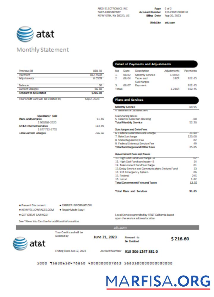 Texas AT&T telecommunications Счёт за коммунальные услуги Бизнес Счёт, Страница 1, SCR макет