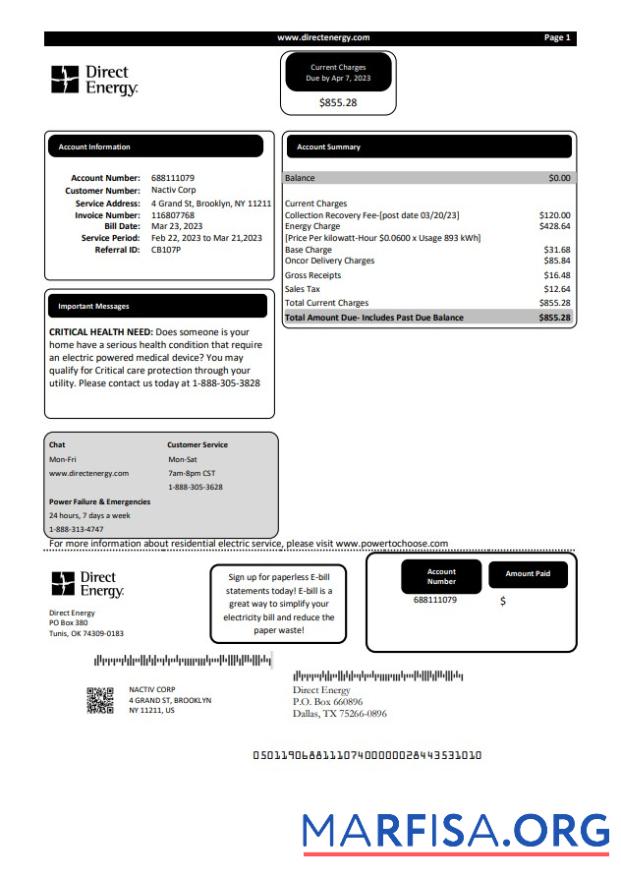 Высокое Качество Texas Direct Energy Счёт за коммунальные услуги Бизнес Счёт, Word and PDF Шаблон