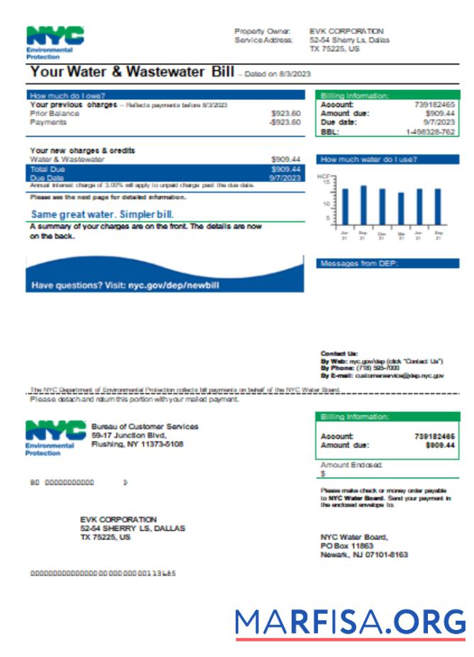 The Новый York City Department of Environmental Protection (DEP) Счёт за коммунальные услуги Бизнес Счёт SCR предпросмотр