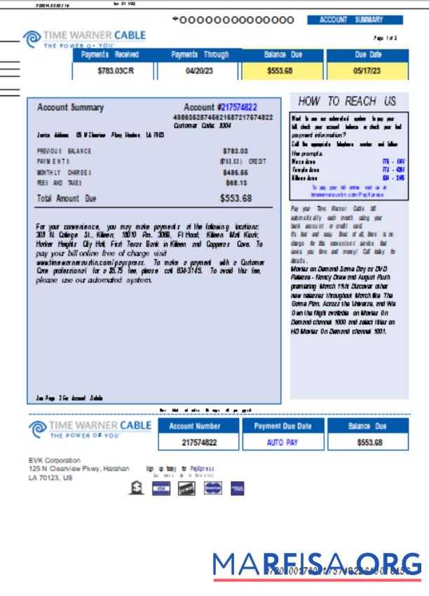 Time Warner Cabel Счёт за коммунальные услуги Бизнес Счёт, Страница 1, SCR дизайн