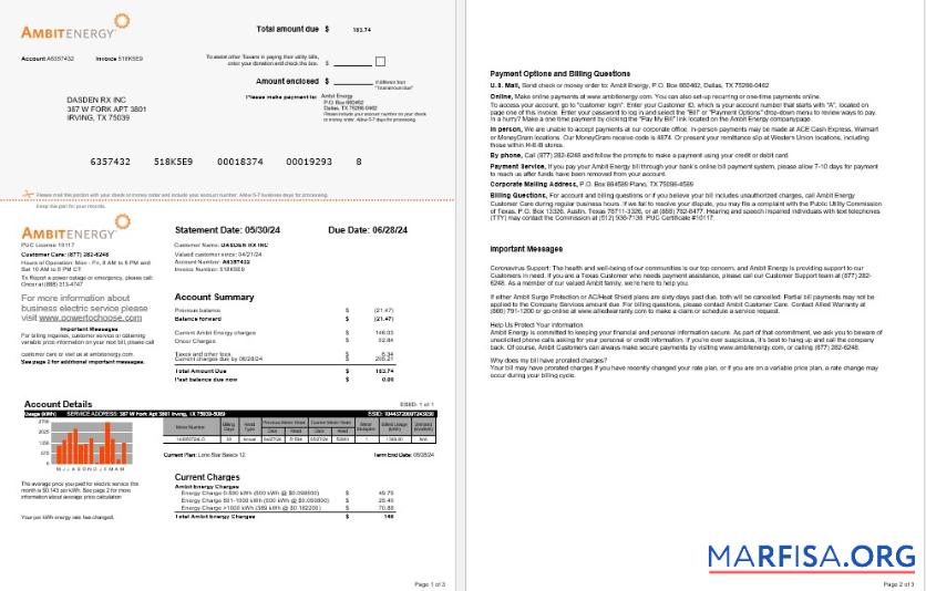 Редактируемый США Ambit Energy Бизнес Счёт за коммунальные услуги Счёт Word and PDF Шаблон 1 2