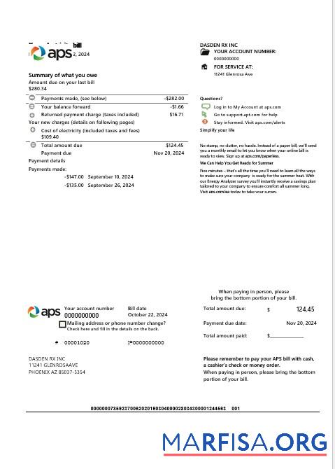 Высокое Качество США Arizona APS Электричество proof of address Бизнес Счёт за коммунальные услуги Счёт Шаблон in Word and PDF Форматы