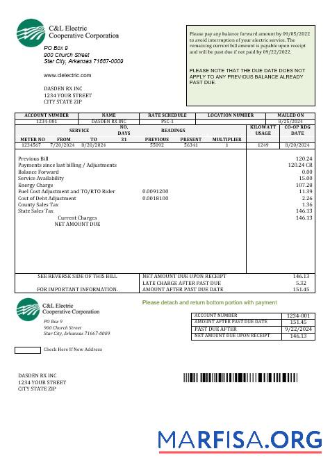 Премиум США Arkansas C & L Electric Cooperative Corporation Бизнес Счёт за коммунальные услуги Счёт Шаблон in Word and PDF Форматы