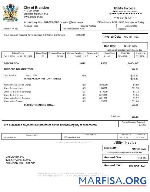 Высокое Качество США BRANDON MISSISSIPPI Бизнес Счёт за коммунальные услуги Счёт Word and PDF Шаблон