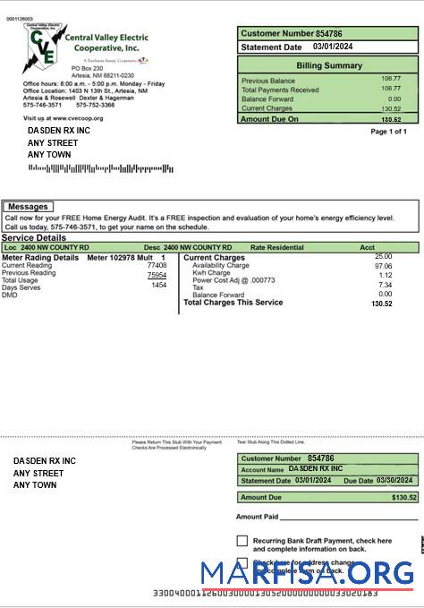 Редактируемый США CENTRAL VALLEY ELECTRIC Бизнес Счёт за коммунальные услуги Счёт Word and PDF Шаблон