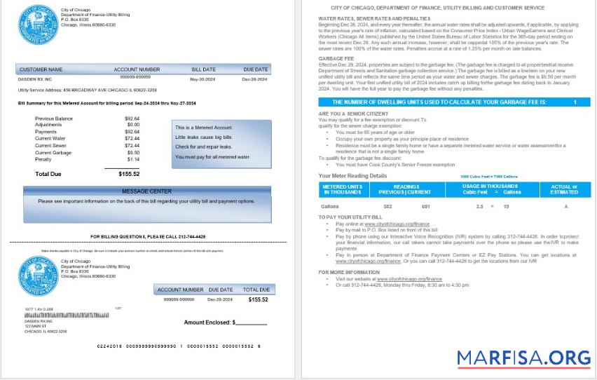 Реалистичный США CITY OF CHICAGO Бизнес Счёт за коммунальные услуги Счёт Word and PDF Шаблон