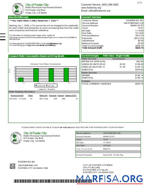 Высокое Качество США CITY OF FOSTER CITY Бизнес Счёт за коммунальные услуги Счёт Word and PDF Шаблон