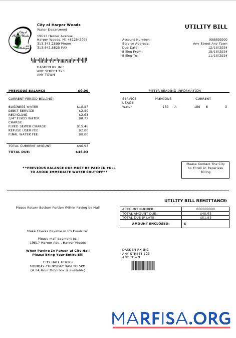 Премиум США CITY OF HARPER WOODS Бизнес Счёт за коммунальные услуги Счёт Word and PDF Шаблон