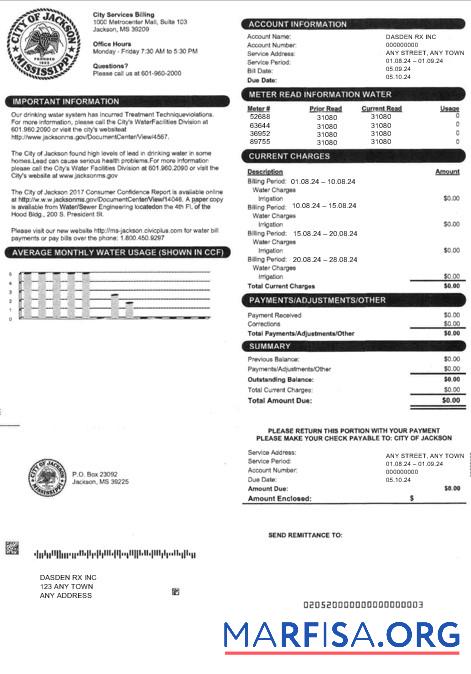 Редактируемый США CITY OF JACKSON Бизнес Счёт за коммунальные услуги Счёт Word and PDF Шаблон
