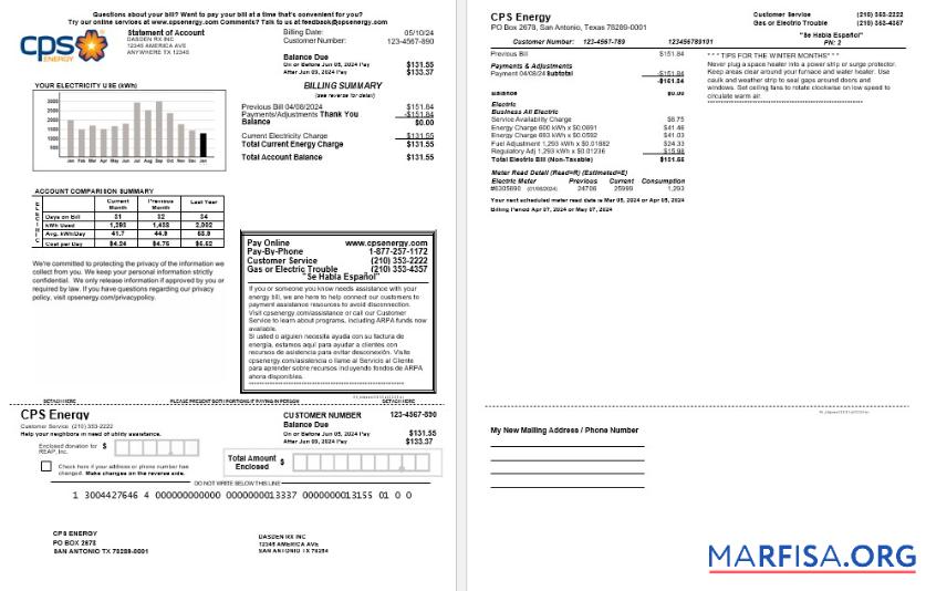 Реалистичный США CPS ENERGY Бизнес Счёт за коммунальные услуги Счёт Word and PDF Шаблон