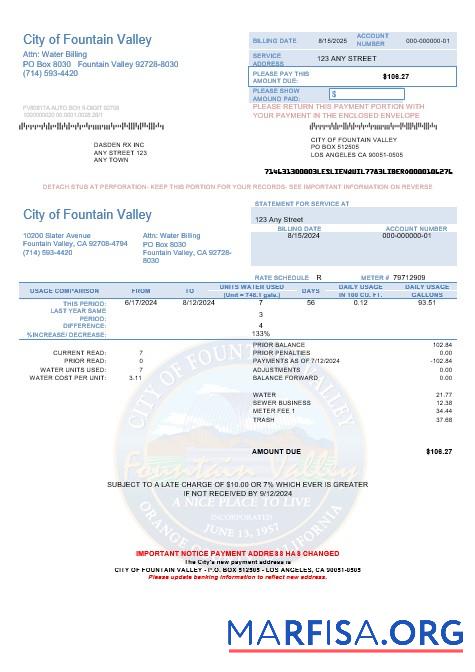 Премиум США California City of Fountain Valley Бизнес Счёт за коммунальные услуги Счёт Шаблон in Word and PDF Форматы