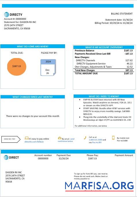 Профессиональный США California Directv Бизнес Счёт за коммунальные услуги Счёт Шаблон in Word and PDF Форматы, good for address prove