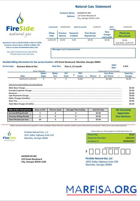 Премиум США California FireSide natural Газ busienss Счёт за коммунальные услуги Счёт Шаблон in Word and PDF Форматы