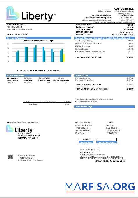 Профессиональный США California Liberty Utilities Бизнес Счёт за коммунальные услуги Счёт Шаблон in Word and PDF Форматы