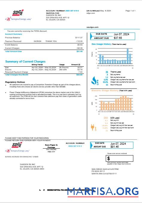 Премиум США California San Diego Газ & Electric (SDG&E) Бизнес Счёт за коммунальные услуги Счёт Шаблон in Word and PDF Форматы