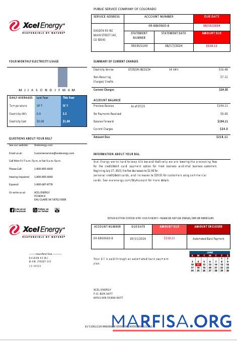 Реалистичный США Colorado XcelEnergy Электричество Бизнес Счёт за коммунальные услуги Счёт Шаблон in Word and PDF Форматы, Версия 3