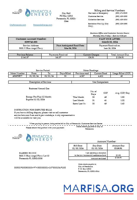 Редактируемый США Florida Pensacola Energy Бизнес Счёт за коммунальные услуги Счёт Шаблон in Word and PDF Форматы