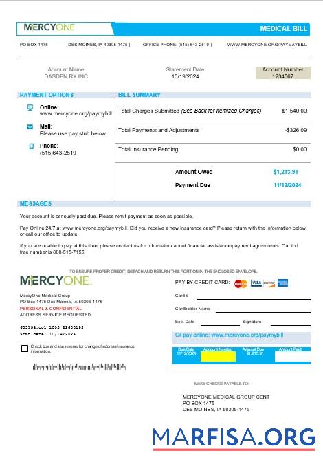 Премиум США Iowa MercyOne Медицинский Бизнес Счёт за коммунальные услуги Счёт Шаблон in Word and PDF Форматы