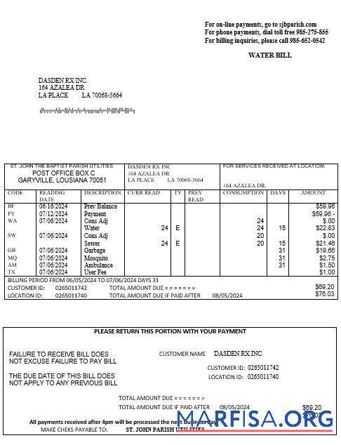 США Louisiana St. John the Baptist Parish Вода Бизнес Счёт за коммунальные услуги Счёт in Word and PDF Форматы дизайн