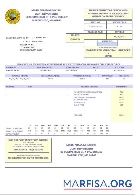 Премиум США Marblehead Municipal Light Department Бизнес Счёт за коммунальные услуги Счёт Шаблон in Word and PDF Форматы