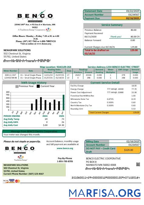 Премиум США Minnesota Benco Elecric Электричество easy fillable Бизнес Счёт за коммунальные услуги Счёт Шаблон in Word and PDF Форматы