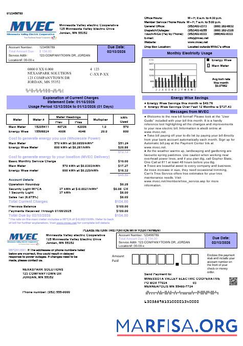 Реалистичный США Minnesota Valley Electric Cooperative (MVEC) Бизнес Счёт за коммунальные услуги Счёт Шаблон in Word and PDF Форматы