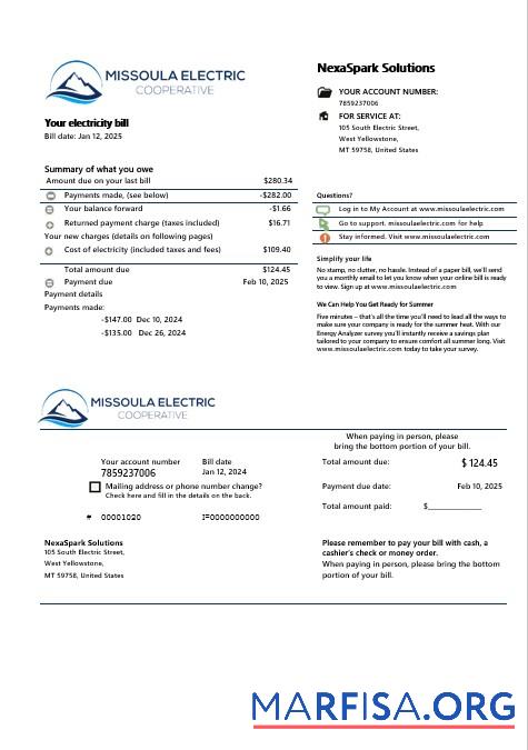 Премиум США Montana Missoula Electric Cooperative Электричество Бизнес Счёт за коммунальные услуги Счёт Шаблон in Word and PDF Форматы