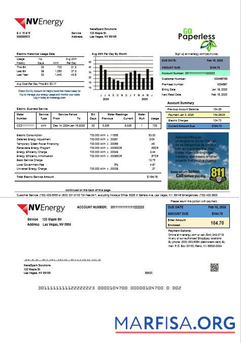 Редактируемый США Nevada NV Energy Бизнес Счёт за коммунальные услуги Счёт Шаблон in Word and PDF Форматы