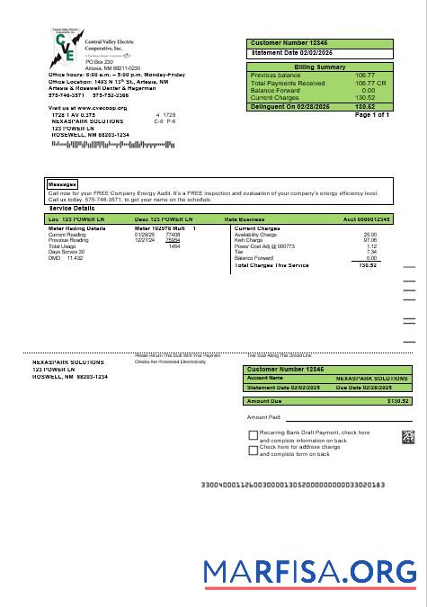 Профессиональный США Новый Мексика Электричество proof of address Бизнес Счёт за коммунальные услуги Счёт Шаблон in Word and PDF Форматы