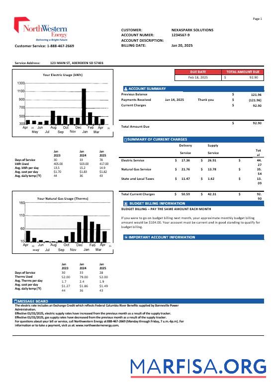 Премиум США NorthWestern Energy Бизнес Счёт за коммунальные услуги Счёт Шаблон in Word and PDF Форматы, Версия 1
