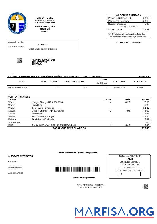 Редактируемый США Oklahoma City of Tulsa Бизнес Счёт за коммунальные услуги Счёт Шаблон in Word and PDF Форматы