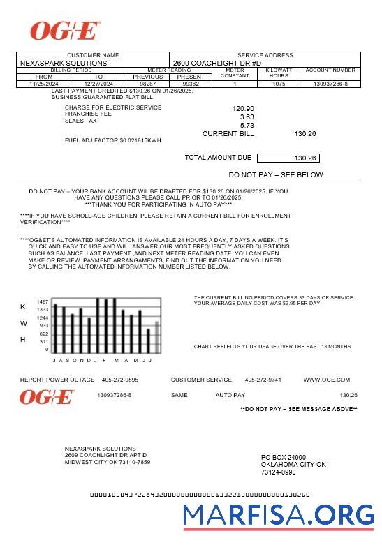 Высокое Качество США Oklahoma OGE Energy Бизнес Счёт за коммунальные услуги Счёт Шаблон in Word and PDF Форматы