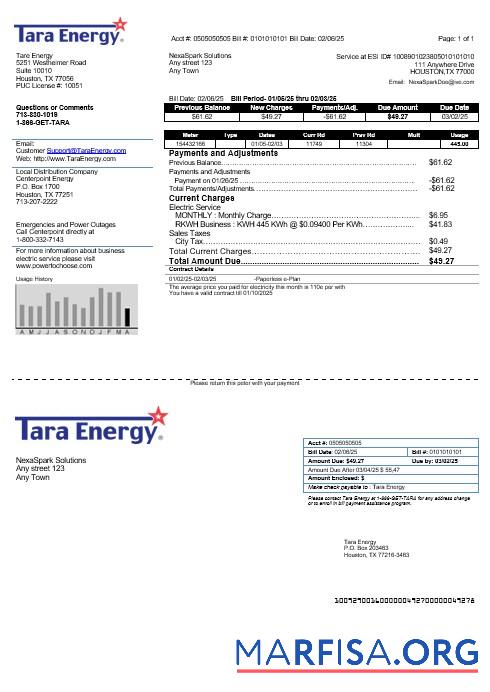Реалистичный США Texas Tara Energy Бизнес Счёт за коммунальные услуги Счёт Шаблон in Word and PDF Форматы