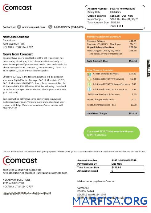 Реалистичный США Utah Comcast Бизнес Счёт за коммунальные услуги Счёт Шаблон in Word and PDF Форматы, Версия 2