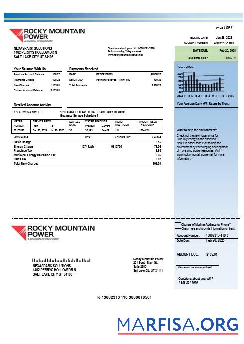 Высокое Качество США Utah Rocky Mountain Power Электричество Бизнес Счёт за коммунальные услуги Счёт Шаблон in Word and PDF Форматы