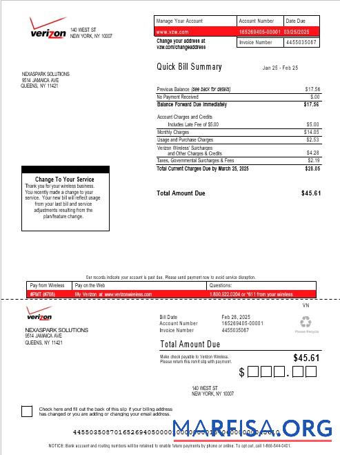 Высокое Качество США Verizon Бизнес Счёт за коммунальные услуги Счёт Word and PDF Шаблон, Версия 3