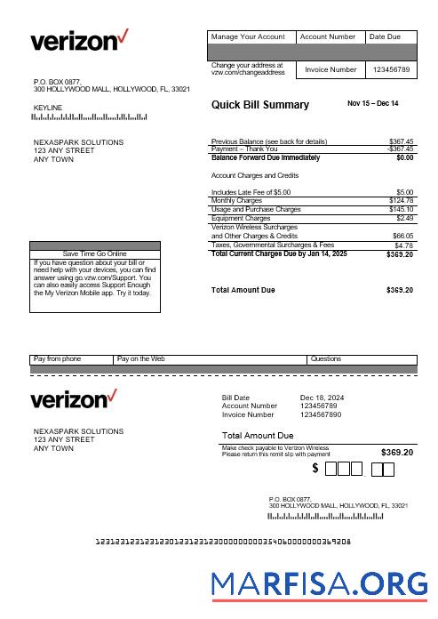 Высокое Качество США Verizon Бизнес Счёт за коммунальные услуги Счёт Шаблон in Word and PDF Форматы
