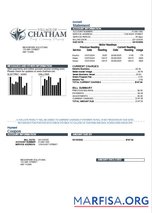 Высокое Качество США Village of Chatham Бизнес Счёт за коммунальные услуги Счёт Шаблон in Word and PDF Форматы