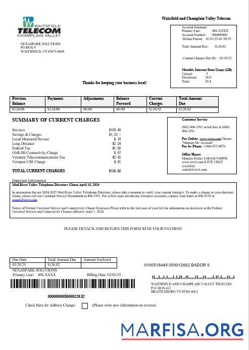 Реалистичный США Waitsfield Telecom Бизнес Счёт за коммунальные услуги Счёт Шаблон in Word and PDF Форматы