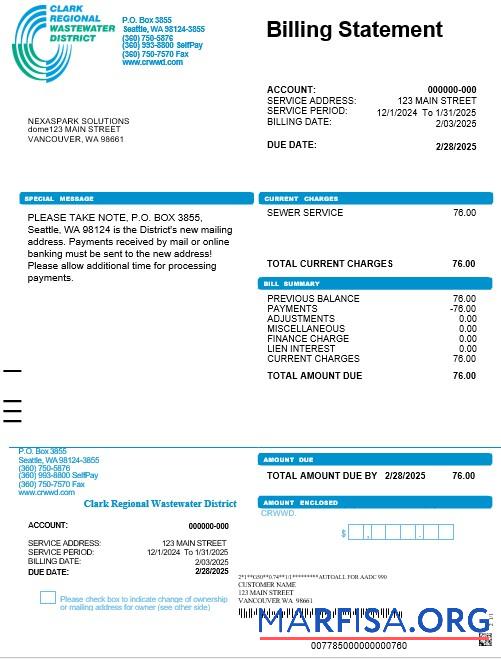 Редактируемый США Washington Clark Regional Wastewater District Бизнес Счёт за коммунальные услуги Счёт, Word and PDF Шаблон