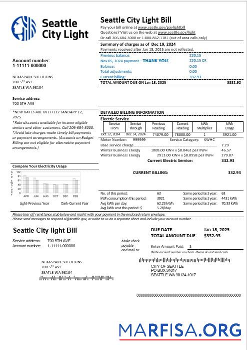 Премиум США Washington Seattle City Light Бизнес Счёт за коммунальные услуги Счёт Шаблон in Word and PDF Форматы
