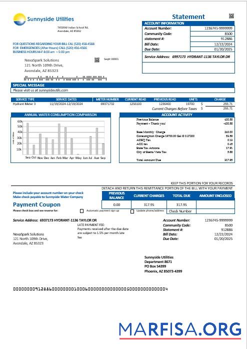 Реалистичный США Washington Sunnyside Utilities Вода Бизнес Счёт за коммунальные услуги Счёт Шаблон in Word and PDF Форматы