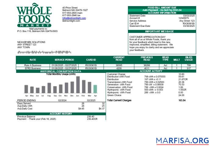 Профессиональный США Whole Foods Market Бизнес Счёт за коммунальные услуги Счёт Шаблон in Word and PDF Форматы