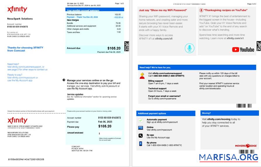 Редактируемый США XFINITY Бизнес Счёт за коммунальные услуги Счёт Word and PDF Шаблон, Версия 2