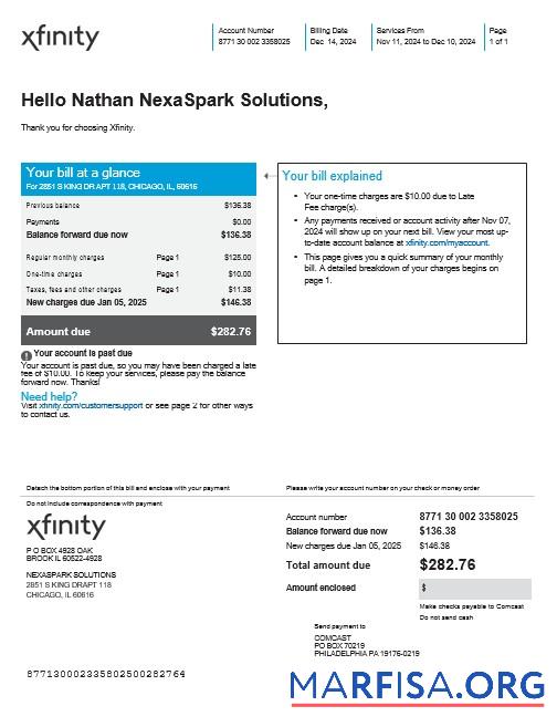 Редактируемый США XFINITY Бизнес Счёт за коммунальные услуги Счёт Word and PDF Шаблон